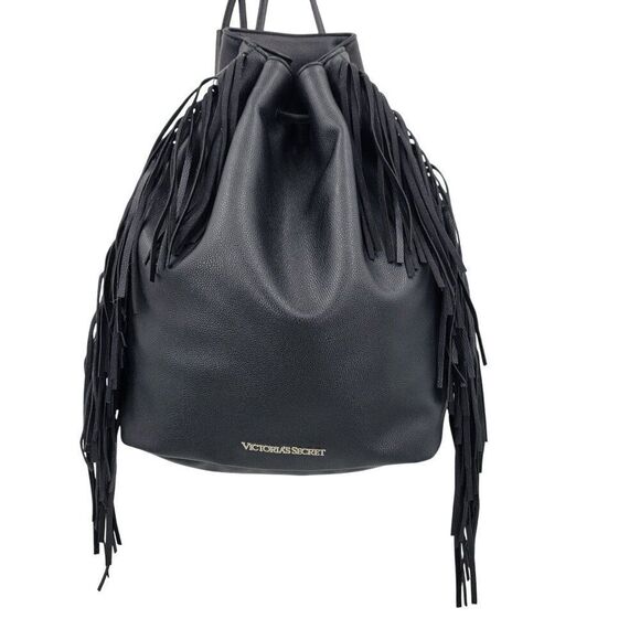 Victorias Secret Black Fringe‎ Faux Leather Backpack Shoulder Bag Boho Biker